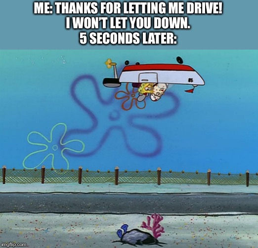 Upside down driving Spongebob | ME: THANKS FOR LETTING ME DRIVE!
I WON’T LET YOU DOWN.
5 SECONDS LATER: | image tagged in upside down driving spongebob | made w/ Imgflip meme maker