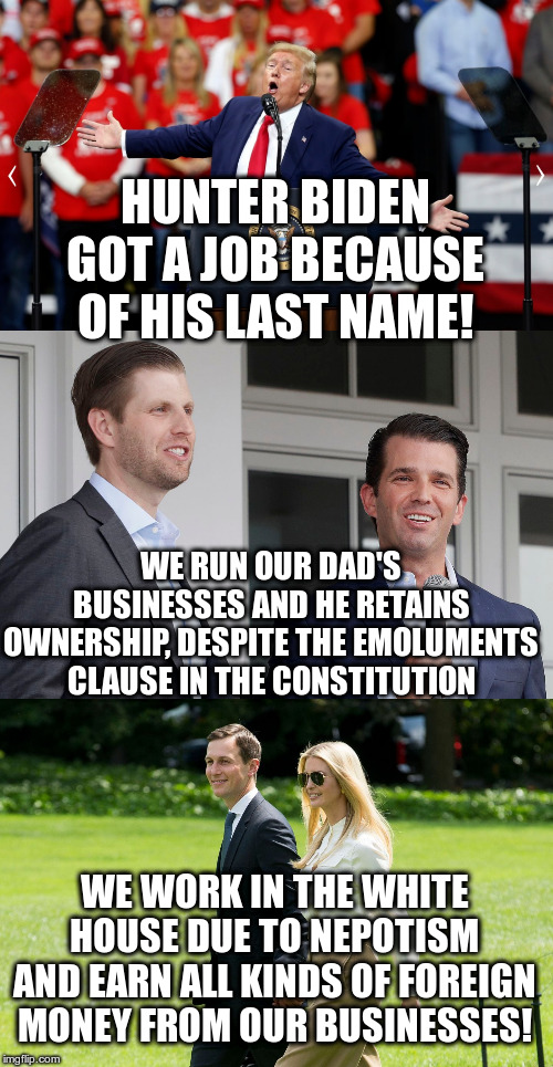 Watching Trump throw stones in his glass house | HUNTER BIDEN GOT A JOB BECAUSE OF HIS LAST NAME! WE RUN OUR DAD'S BUSINESSES AND HE RETAINS OWNERSHIP, DESPITE THE EMOLUMENTS CLAUSE IN THE CONSTITUTION; WE WORK IN THE WHITE HOUSE DUE TO NEPOTISM AND EARN ALL KINDS OF FOREIGN MONEY FROM OUR BUSINESSES! | image tagged in trump,humor,emoluments,ivanka trump,jared kushner,eric and don trump jr | made w/ Imgflip meme maker
