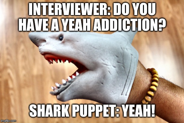 Shark puppet |  INTERVIEWER: DO YOU HAVE A YEAH ADDICTION? SHARK PUPPET: YEAH! | image tagged in shark puppet | made w/ Imgflip meme maker