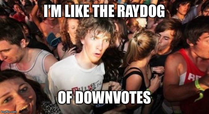 Sudden Clarity Clarence Meme | I’M LIKE THE RAYDOG; OF DOWNVOTES | image tagged in memes,sudden clarity clarence | made w/ Imgflip meme maker