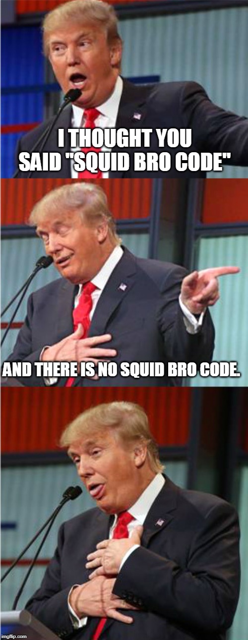Bad Pun Trump | I THOUGHT YOU SAID "SQUID BRO CODE"; AND THERE IS NO SQUID BRO CODE. | image tagged in bad pun trump | made w/ Imgflip meme maker