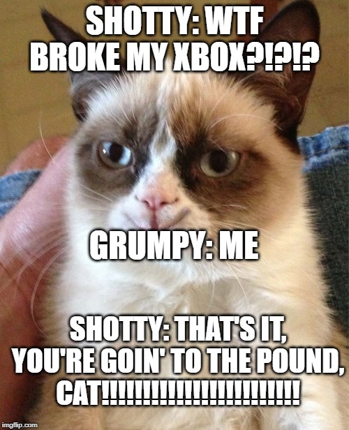 smile grumpy |  SHOTTY: WTF BROKE MY XBOX?!?!? GRUMPY: ME; SHOTTY: THAT'S IT, YOU'RE GOIN' TO THE POUND, CAT!!!!!!!!!!!!!!!!!!!!!!!! | image tagged in smile grumpy | made w/ Imgflip meme maker