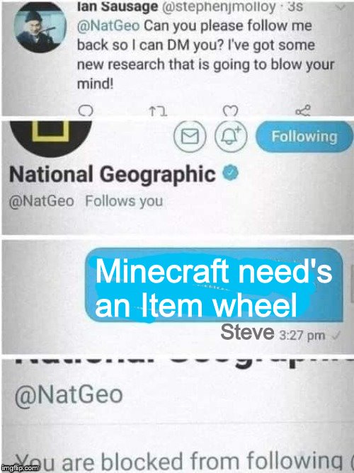October 2019, still no Item wheel | Minecraft need's
an Item wheel; Steve | image tagged in natgeo block,gaming,2019,minecraft,terraria,so true memes | made w/ Imgflip meme maker