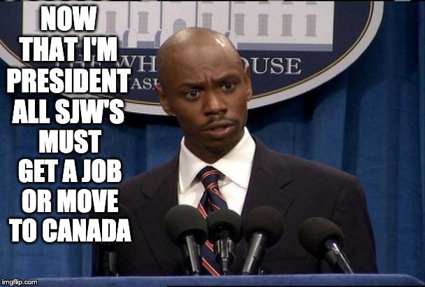 President Dave Chappelle Black Bush Blackbush | NOW THAT I'M PRESIDENT ALL SJW'S; MUST GET A JOB OR MOVE TO CANADA | image tagged in president dave chappelle black bush blackbush | made w/ Imgflip meme maker