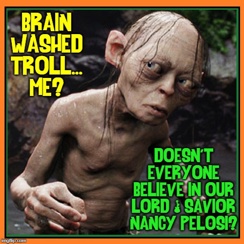 That Moment When You Realize the Truth about Liberalism | BRAIN -WASHED TROLL...   ME? DOESN'T EVERYONE BELIEVE IN OUR LORD & SAVIOR NANCY PELOSI? | image tagged in vince vance,lord of the rings,gollum,brainwashed,trolls,nancy pelosi | made w/ Imgflip meme maker