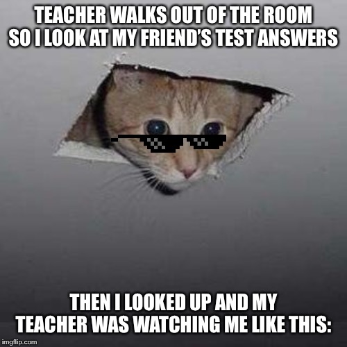 My teacher be like: | TEACHER WALKS OUT OF THE ROOM SO I LOOK AT MY FRIEND’S TEST ANSWERS; THEN I LOOKED UP AND MY TEACHER WAS WATCHING ME LIKE THIS: | image tagged in memes,ceiling cat | made w/ Imgflip meme maker