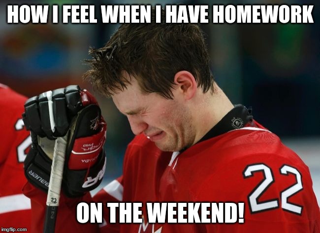 sad hockey player | HOW I FEEL WHEN I HAVE HOMEWORK; ON THE WEEKEND! | image tagged in sad hockey player | made w/ Imgflip meme maker