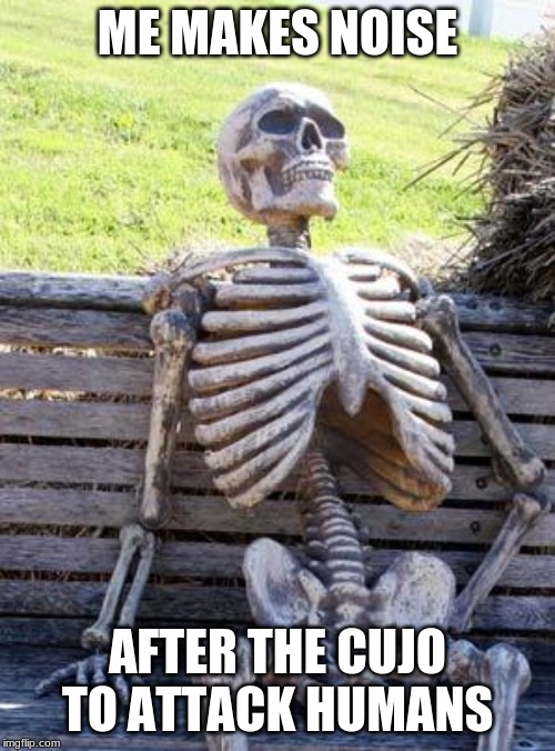 Waiting Skeleton | ME MAKES NOISE; AFTER THE CUJO TO ATTACK HUMANS | image tagged in memes,waiting skeleton | made w/ Imgflip meme maker