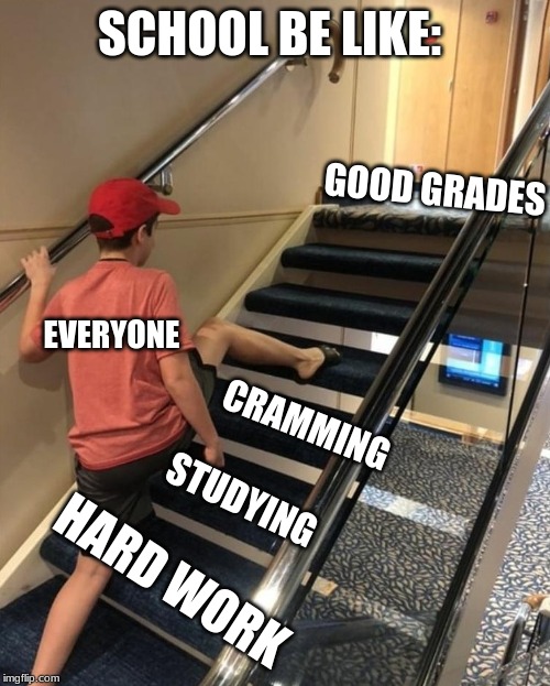 IT'S THE TRUTH | SCHOOL BE LIKE:; GOOD GRADES; EVERYONE; CRAMMING; HARD WORK; STUDYING | image tagged in skipping stairs | made w/ Imgflip meme maker