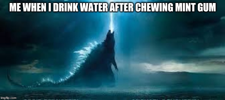 Godzilla's mouth is cold | ME WHEN I DRINK WATER AFTER CHEWING MINT GUM | image tagged in water,gum,godzilla | made w/ Imgflip meme maker