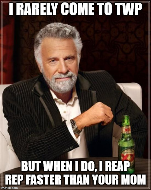 The Most Interesting Man In The World Meme | I RARELY COME TO TWP; BUT WHEN I DO, I REAP REP FASTER THAN YOUR MOM | image tagged in memes,the most interesting man in the world | made w/ Imgflip meme maker