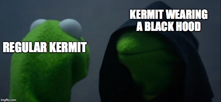 Evil Kermit Meme | KERMIT WEARING A BLACK HOOD; REGULAR KERMIT | image tagged in memes,evil kermit | made w/ Imgflip meme maker