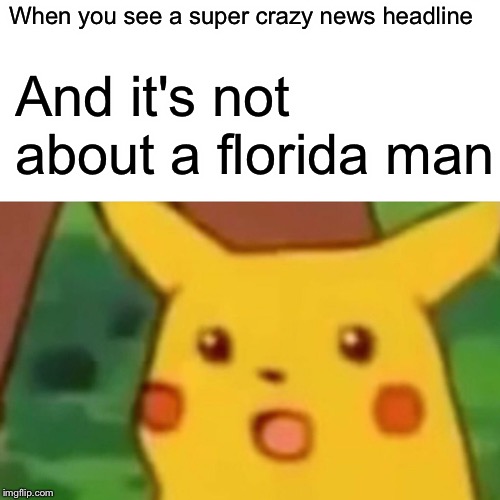 Just kidding this never actually happens lol | When you see a super crazy news headline; And it's not about a florida man | image tagged in memes,surprised pikachu,florida man,news,crazy,pepe | made w/ Imgflip meme maker