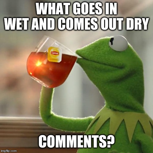 But That's None Of My Business Meme | WHAT GOES IN WET AND COMES OUT DRY; COMMENTS? | image tagged in memes,but thats none of my business,kermit the frog | made w/ Imgflip meme maker