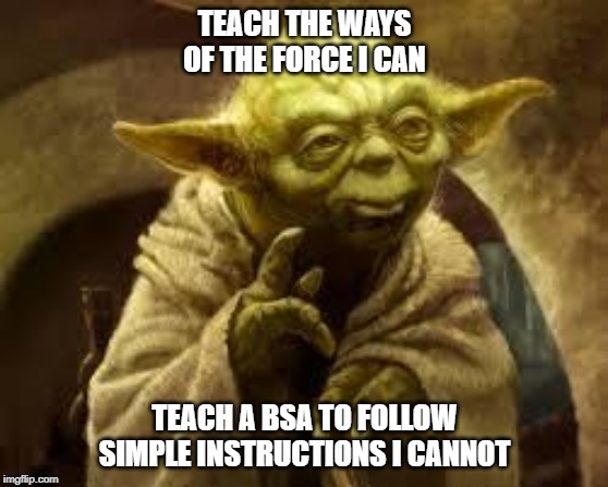 yoda | TEACH THE WAYS OF THE FORCE I CAN; TEACH A BSA TO FOLLOW SIMPLE INSTRUCTIONS I CANNOT | image tagged in yoda | made w/ Imgflip meme maker