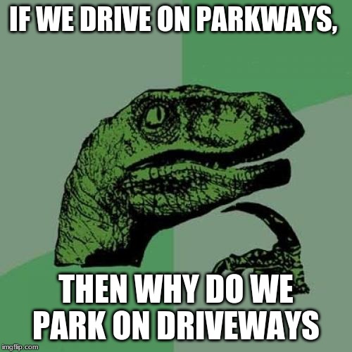 Philosoraptor | IF WE DRIVE ON PARKWAYS, THEN WHY DO WE PARK ON DRIVEWAYS | image tagged in memes,philosoraptor | made w/ Imgflip meme maker