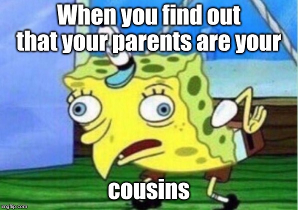 Mocking Spongebob | When you find out that your parents are your; cousins | image tagged in memes,mocking spongebob | made w/ Imgflip meme maker