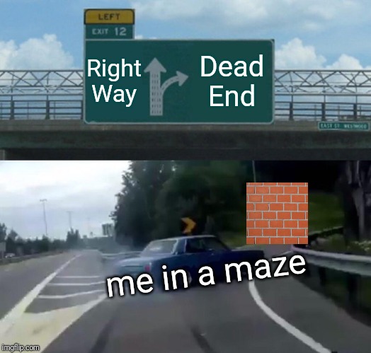 Left Exit 12 Off Ramp Meme | Right Way; Dead End; me in a maze | image tagged in memes,left exit 12 off ramp | made w/ Imgflip meme maker