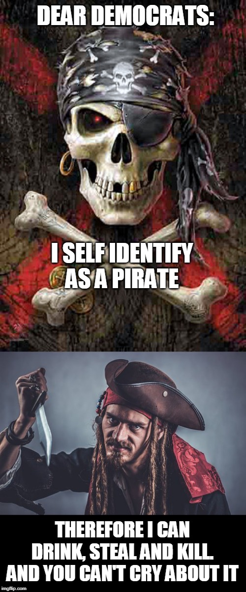 IF SELF IDENTITY BECOMES A REAL THING | DEAR DEMOCRATS:; I SELF IDENTIFY AS A PIRATE; THEREFORE I CAN DRINK, STEAL AND KILL. AND YOU CAN'T CRY ABOUT IT | image tagged in identity | made w/ Imgflip meme maker