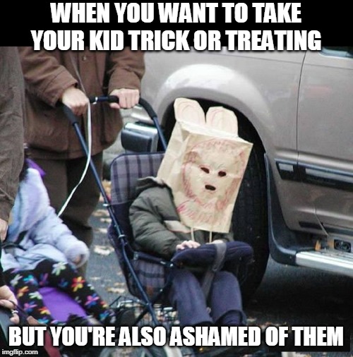 BAGHEAD | WHEN YOU WANT TO TAKE YOUR KID TRICK OR TREATING; BUT YOU'RE ALSO ASHAMED OF THEM | image tagged in halloween,trick or treat | made w/ Imgflip meme maker