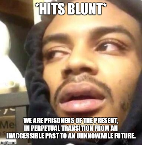 Hits Blunt | *HITS BLUNT*; WE ARE PRISONERS OF THE PRESENT, IN PERPETUAL TRANSITION FROM AN INACCESSIBLE PAST TO AN UNKNOWABLE FUTURE. | image tagged in hits blunt | made w/ Imgflip meme maker