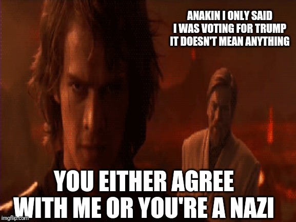 ANAKIN I ONLY SAID I WAS VOTING FOR TRUMP IT DOESN'T MEAN ANYTHING; YOU EITHER AGREE WITH ME OR YOU'RE A NAZI | image tagged in donald trump | made w/ Imgflip meme maker