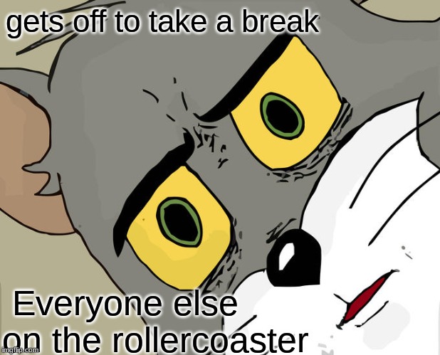 Can't ride these anymore :/ | gets off to take a break; Everyone else on the rollercoaster | image tagged in memes,unsettled tom | made w/ Imgflip meme maker