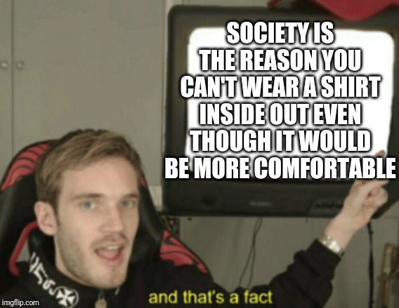 and that's a fact | SOCIETY IS THE REASON YOU CAN'T WEAR A SHIRT INSIDE OUT EVEN THOUGH IT WOULD BE MORE COMFORTABLE | image tagged in and that's a fact | made w/ Imgflip meme maker
