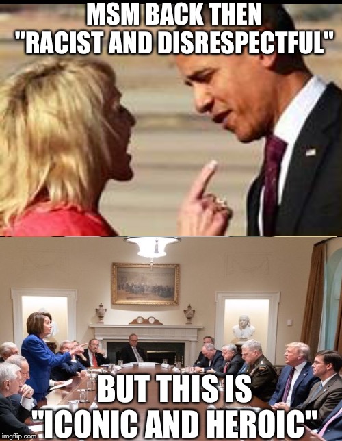 Epic hypocrisy | MSM BACK THEN "RACIST AND DISRESPECTFUL"; BUT THIS IS "ICONIC AND HEROIC" | image tagged in barack obama,donald trump | made w/ Imgflip meme maker