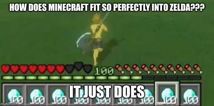 Minecraft + Zelda | HOW DOES MINECRAFT FIT SO PERFECTLY INTO ZELDA??? IT JUST DOES | image tagged in zelduh | made w/ Imgflip meme maker
