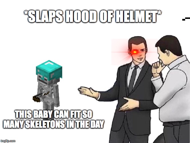 Don't you hate those guys | *SLAPS HOOD OF HELMET*; THIS BABY CAN FIT SO MANY SKELETONS IN THE DAY | image tagged in memes,car salesman slaps hood,minecraft | made w/ Imgflip meme maker