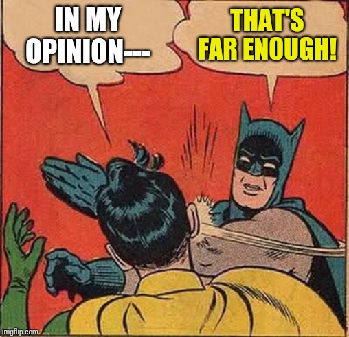 Batman Slapping Robin | IN MY OPINION---; THAT'S FAR ENOUGH! | image tagged in memes,batman slapping robin | made w/ Imgflip meme maker