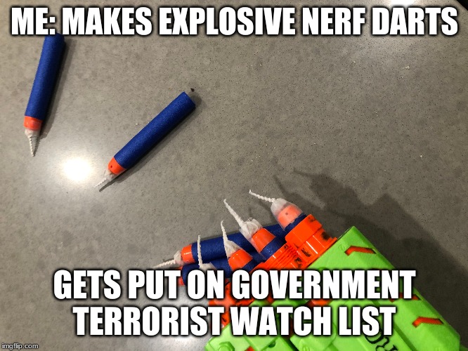 Nerf Guns | ME: MAKES EXPLOSIVE NERF DARTS; GETS PUT ON GOVERNMENT TERRORIST WATCH LIST | image tagged in memes | made w/ Imgflip meme maker
