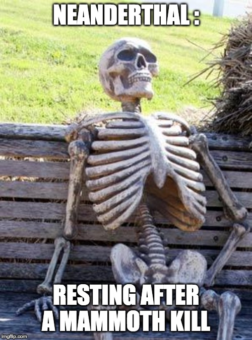 Waiting Skeleton | NEANDERTHAL :; RESTING AFTER A MAMMOTH KILL | image tagged in memes,waiting skeleton | made w/ Imgflip meme maker