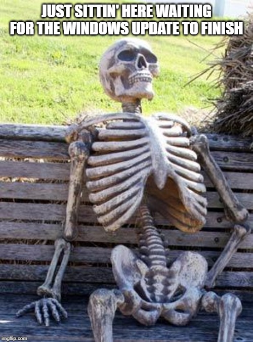 Waiting Skeleton Meme | JUST SITTIN' HERE WAITING FOR THE WINDOWS UPDATE TO FINISH | image tagged in memes,waiting skeleton | made w/ Imgflip meme maker
