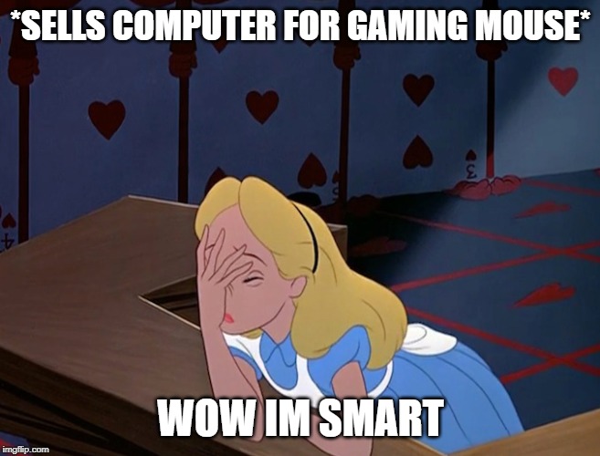 Alice in Wonderland Face Palm Facepalm | *SELLS COMPUTER FOR GAMING MOUSE*; WOW IM SMART | image tagged in alice in wonderland face palm facepalm | made w/ Imgflip meme maker