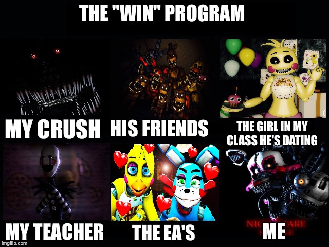 Just thought I'd make this | THE "WIN" PROGRAM; HIS FRIENDS; MY CRUSH; THE GIRL IN MY CLASS HE'S DATING; MY TEACHER; ME; THE EA'S | image tagged in what my friends think i do,memes,crush,fnaf | made w/ Imgflip meme maker