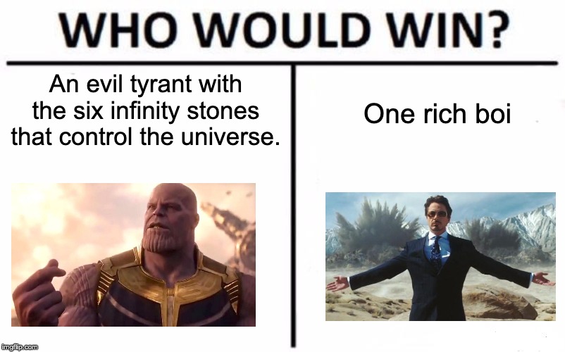Who Would Win? Meme | An evil tyrant with the six infinity stones that control the universe. One rich boi | image tagged in memes,who would win | made w/ Imgflip meme maker