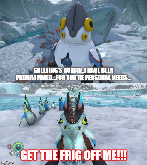 Robot's compared to real things | GREETING'S HUMAN..I HAVE BEEN PROGRAMMED...FOR YOU'RE PERSONAL NEEDS... GET THE FRIG OFF ME!!! | image tagged in subnautica,meme | made w/ Imgflip meme maker