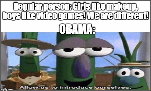 Regular People | Regular person: Girls like makeup, boys like video games! We are different! OBAMA: | image tagged in obama,words that offend liberals | made w/ Imgflip meme maker