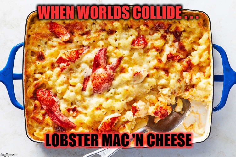 Nouveau Riche | WHEN WORLDS COLLIDE . . . LOBSTER MAC 'N CHEESE | image tagged in food,funny food,lobster,macaroni and cheese | made w/ Imgflip meme maker