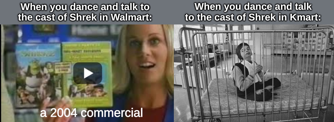 Be careful how you wal/k, because there is a fine line in it . . . . | When you dance and talk to the cast of Shrek in Kmart:; When you dance and talk to the cast of Shrek in Walmart:; a 2004 commercial | image tagged in memes,life | made w/ Imgflip meme maker