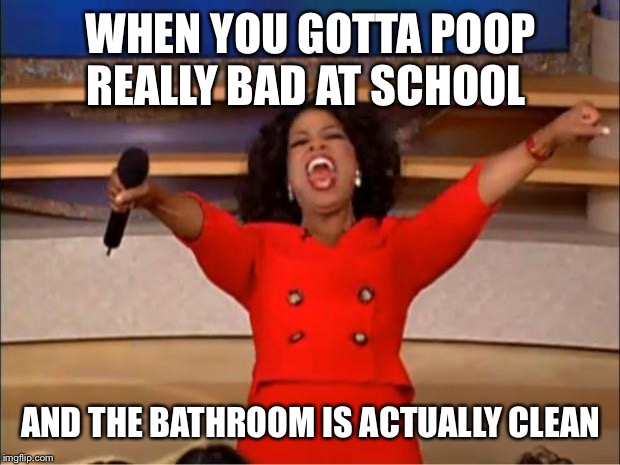 Oprah You Get A | WHEN YOU GOTTA POOP REALLY BAD AT SCHOOL; AND THE BATHROOM IS ACTUALLY CLEAN | image tagged in memes,oprah you get a | made w/ Imgflip meme maker