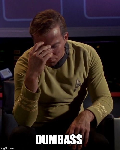 Kirk face palm | DUMBASS | image tagged in kirk face palm | made w/ Imgflip meme maker