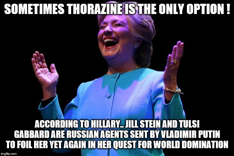 SOMETIMES THORAZINE IS THE ONLY OPTION ! ACCORDING TO HILLARY.. JILL STEIN AND TULSI GABBARD ARE RUSSIAN AGENTS SENT BY VLADIMIR PUTIN TO FOIL HER YET AGAIN IN HER QUEST FOR WORLD DOMINATION | image tagged in clinton,election 2020,democrats,hillary | made w/ Imgflip meme maker