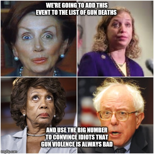Crazy Democrats | WE'RE GOING TO ADD THIS EVENT TO THE LIST OF GUN DEATHS AND USE THE BIG NUMBER TO CONVINCE IDIOTS THAT GUN VIOLENCE IS ALWAYS BAD | image tagged in crazy democrats | made w/ Imgflip meme maker