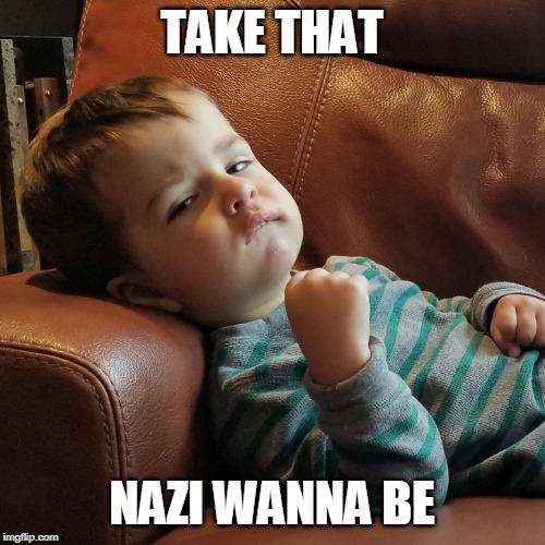 Yes kid | TAKE THAT NAZI WANNA BE | image tagged in yes kid | made w/ Imgflip meme maker
