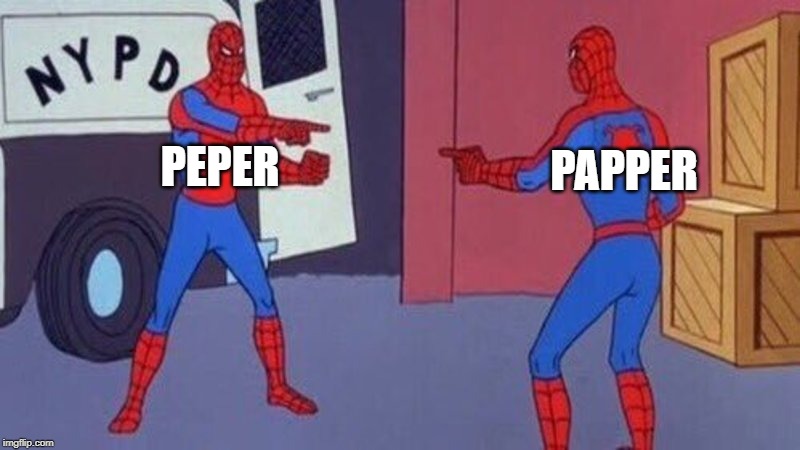 spiderman pointing at spiderman | PAPPER; PEPER | image tagged in spiderman pointing at spiderman | made w/ Imgflip meme maker