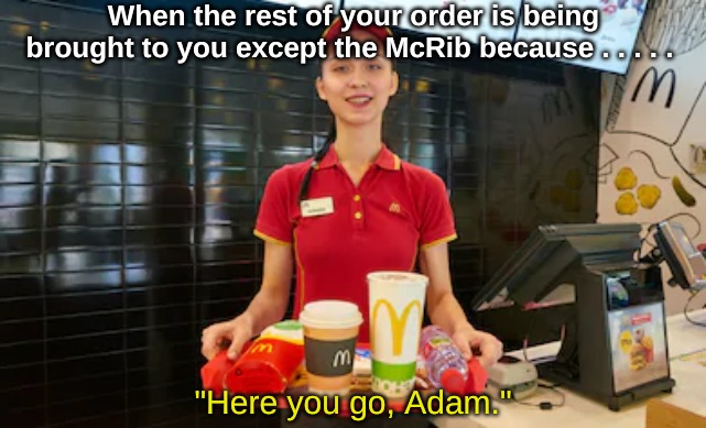 a Bible meme | When the rest of your order is being brought to you except the McRib because . . . . . "Here you go, Adam." | image tagged in memes,christianity | made w/ Imgflip meme maker