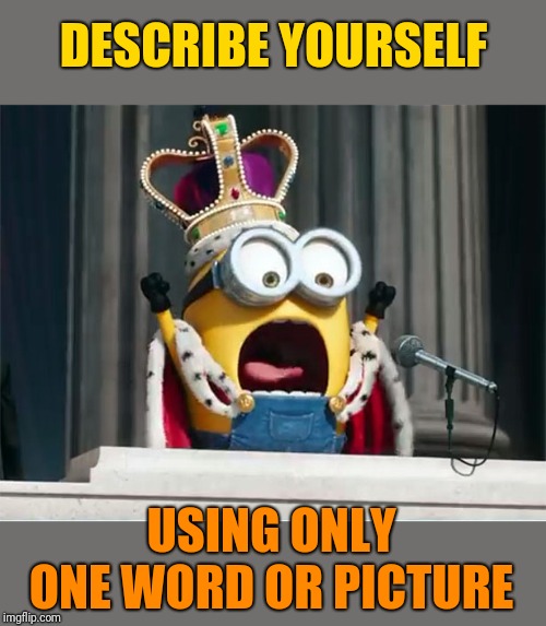 A game in honor of Peewee and Michigan: extra points for mispellings. ;) | DESCRIBE YOURSELF; USING ONLY ONE WORD OR PICTURE | image tagged in minions king bob | made w/ Imgflip meme maker